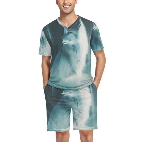 joogoo Men's Pajama Set Cool Fox Print V-Neck Pj Shorts Set 2 Piece Loungewear Sleepwear L