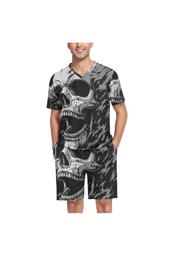 Men's Pajama Set Cool Funny Skull V-Neck Pj Shorts Set 2 Piece Loungewear Sleepwear S