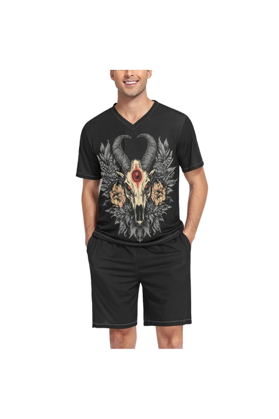 Men's Pajama Set Cool Goat Skull V-Neck Pj Shorts Set 2 Piece Loungewear Sleepwear M