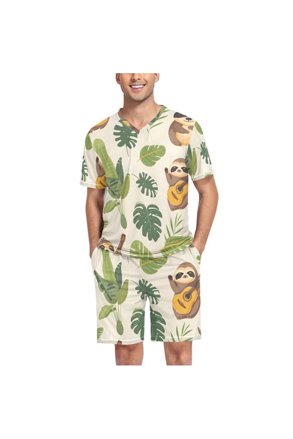 Men's Pajama Set Cool Sloth Play Guitar V-Neck Pj Shorts Set 2 Piece Loungewear Sleepwear XL