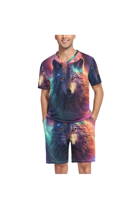 Men's Pajama Set Cool Wolf V-Neck Pj Shorts Set 2 Piece Loungewear Sleepwear L