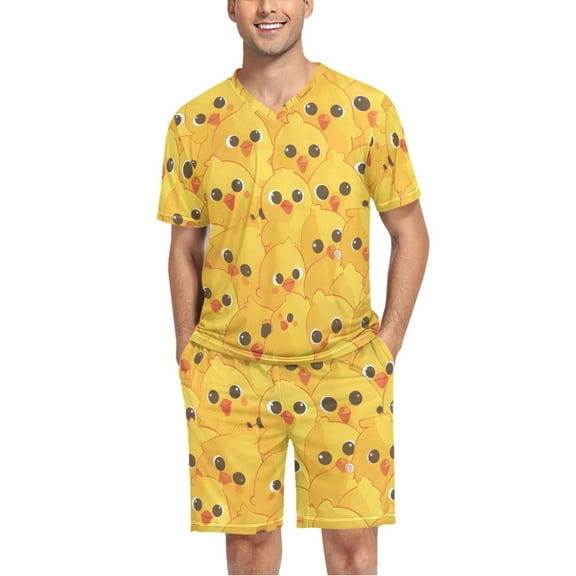 joogoo Men's Pajama Set Cute Chickens Yellow V-Neck Pj Shorts Set 2 Piece Loungewear Sleepwear L