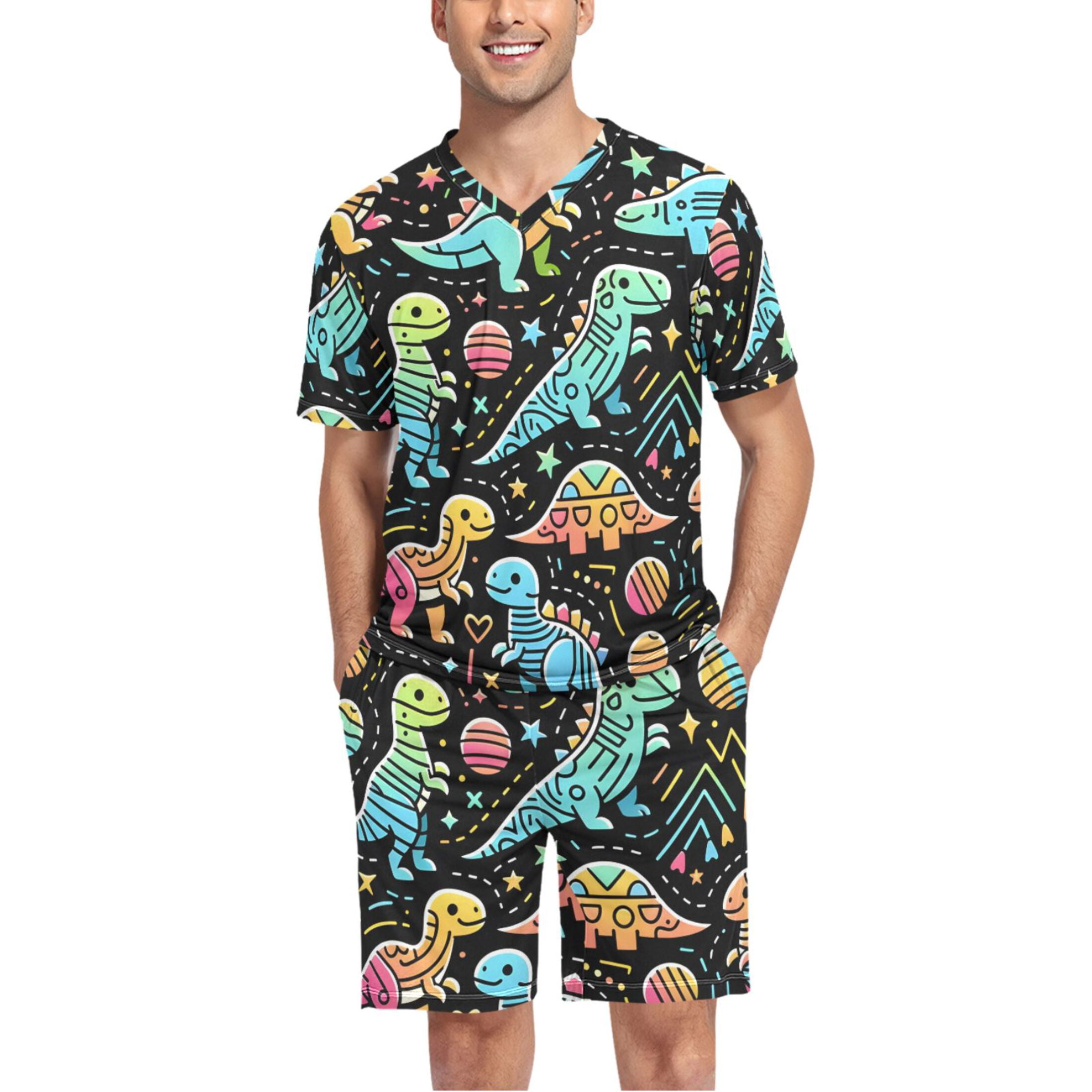 joogoo Men's Pajama Set Cute Magic Line Dinosaurs V-Neck Pj Shorts Set ...