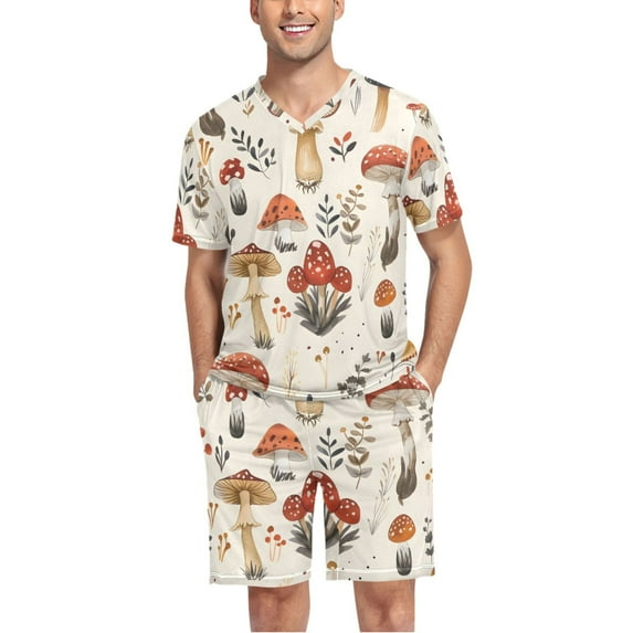 joogoo Men's Pajama Set Cute Mushroom V-Neck Pj Shorts Set 2 Piece Loungewear Sleepwear XL
