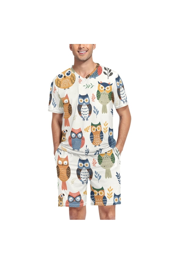 Men's Pajama Set Cute Owl Pattern V-Neck Pj Shorts Set 2 Piece Loungewear Sleepwear XL