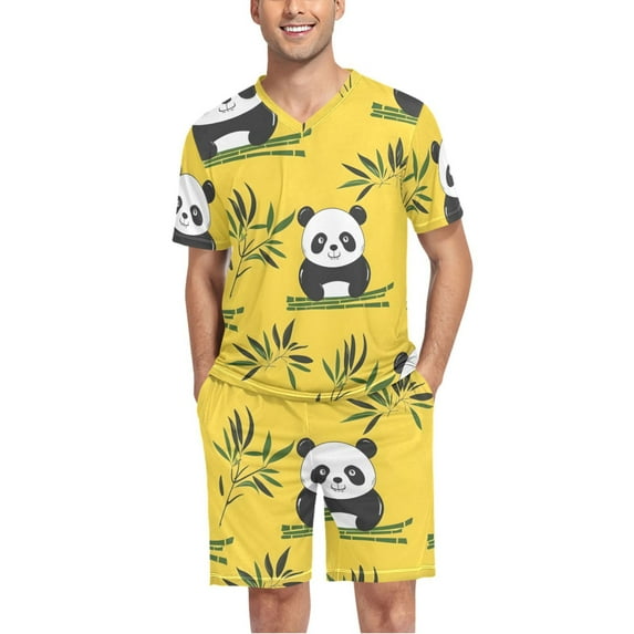 joogoo Men's Pajama Set Cute Pandas V-Neck Pj Shorts Set 2 Piece Loungewear Sleepwear S