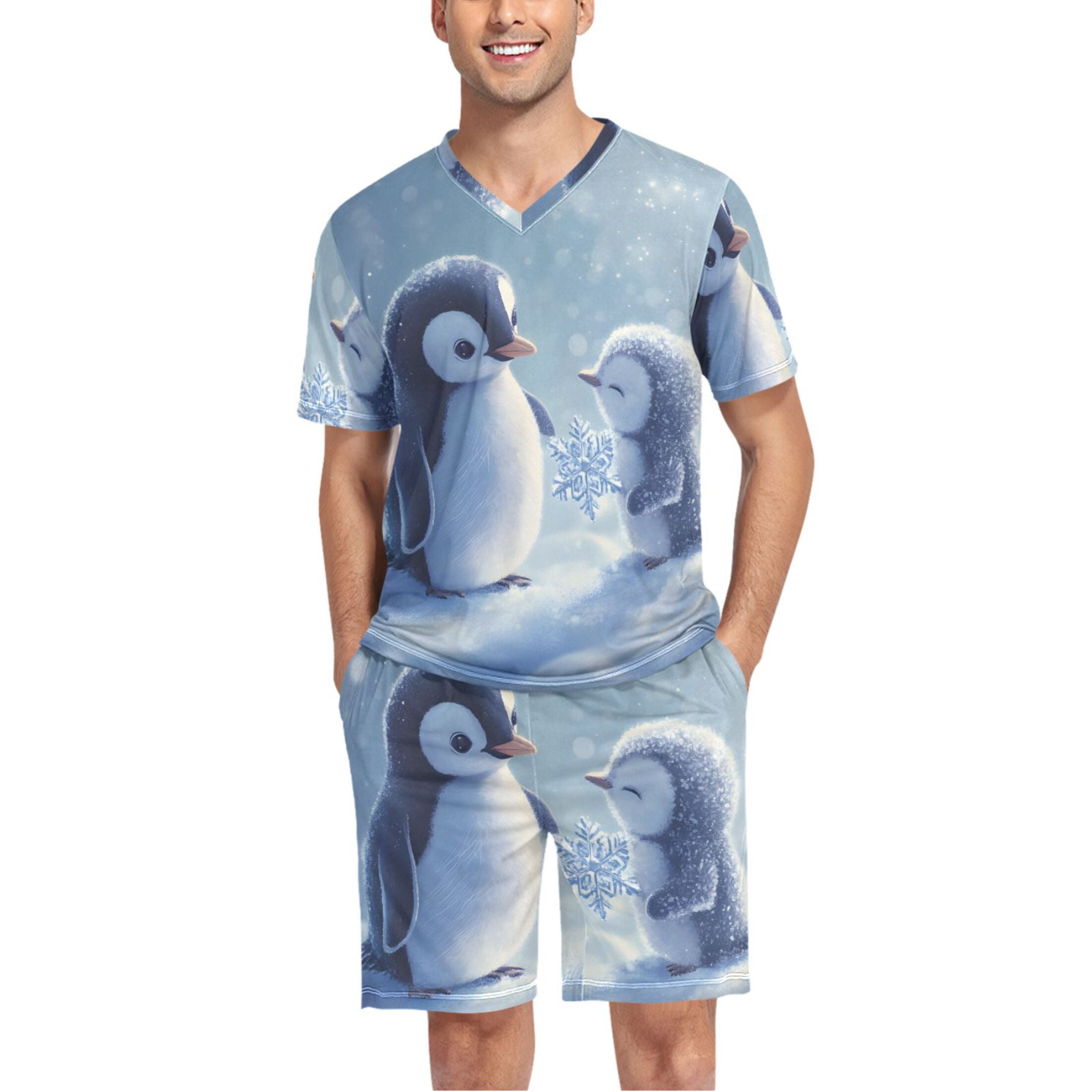 joogoo Men's Pajama Set Cute Penguin Winter VNeck Pj Shorts