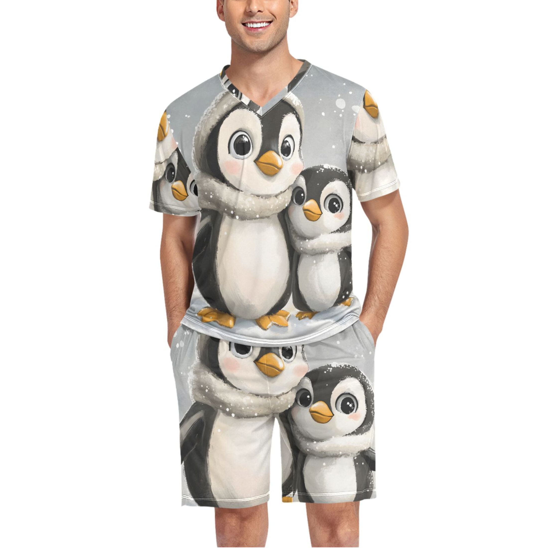 joogoo Men's Pajama Set Cute Penguins VNeck Pj Shorts Set