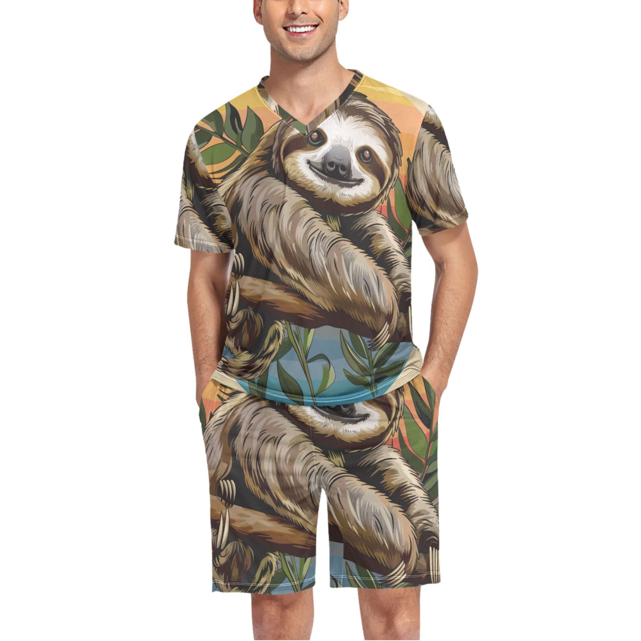 joogoo Men's Pajama Set Cute Sloth on Branch V-Neck Pj Shorts Set 2 ...