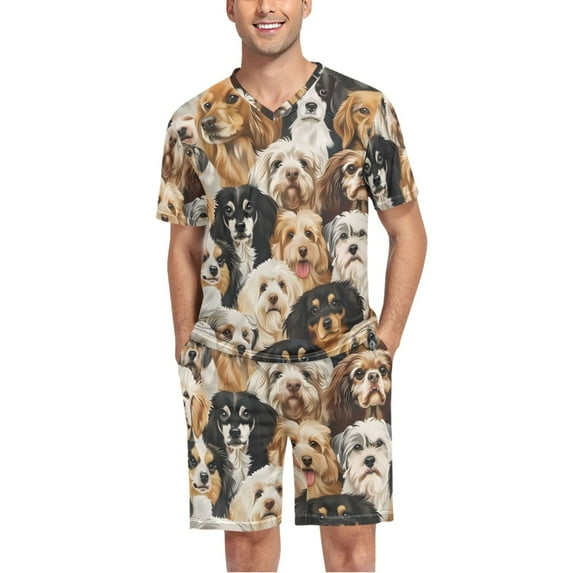 joogoo Men's Pajama Set Different Cute Dogs V-Neck Pj Shorts Set 2 Piece Loungewear Sleepwear L