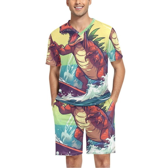joogoo Men's Pajama Set Dinosaur Skating V-Neck Pj Shorts Set 2 Piece Loungewear Sleepwear XL