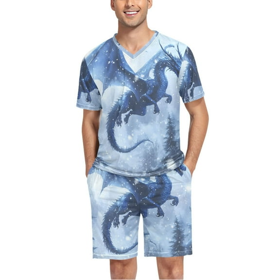 joogoo Men's Pajama Set Dragon Flying in Winter V-Neck Pj Shorts Set 2 Piece Loungewear Sleepwear S