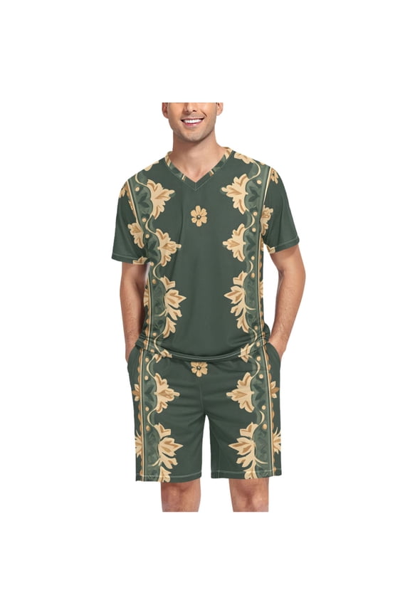 Men's Pajama Set Ethnic Retro Boho Flowers V-Neck Pj Shorts Set 2 Piece Loungewear Sleepwear XXL