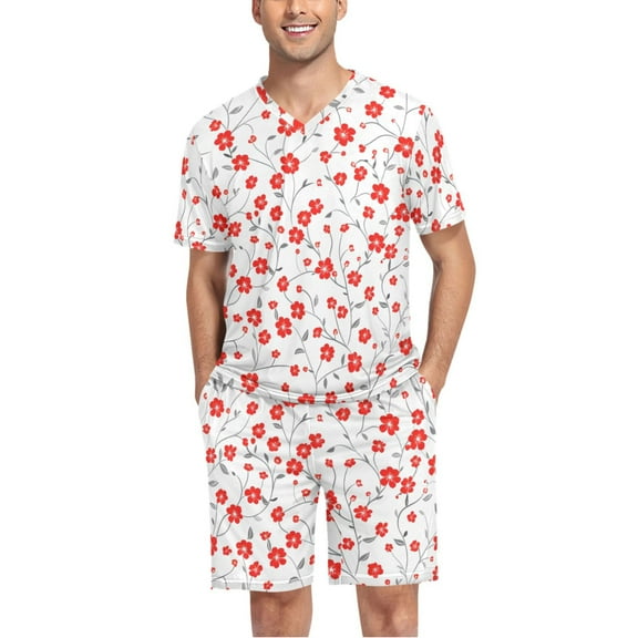 joogoo Men's Pajama Set Floral V-Neck Pj Shorts Set 2 Piece Loungewear Sleepwear S