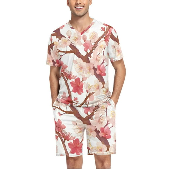 joogoo Men's Pajama Set Flower on Tree V-Neck Pj Shorts Set 2 Piece Loungewear Sleepwear S