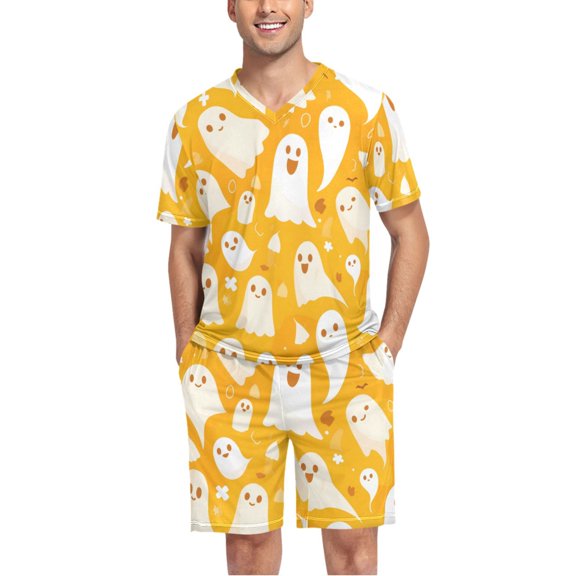 joogoo Men's Pajama Set Ghost Halloween V-Neck Pj Shorts Set 2 Piece Loungewear Sleepwear XL