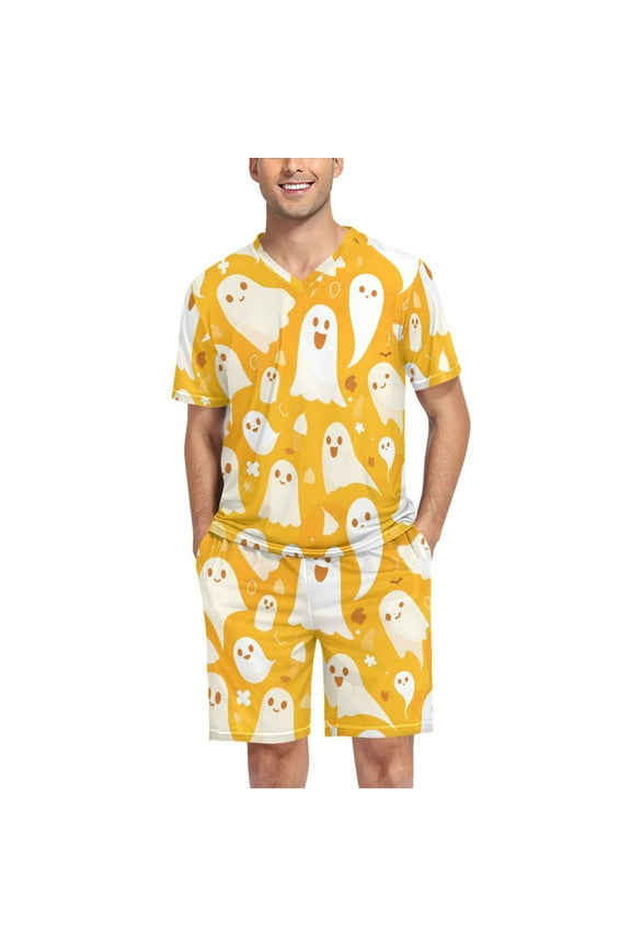 Men's Pajama Set Ghost Halloween V-Neck Pj Shorts Set 2 Piece Loungewear Sleepwear XXL