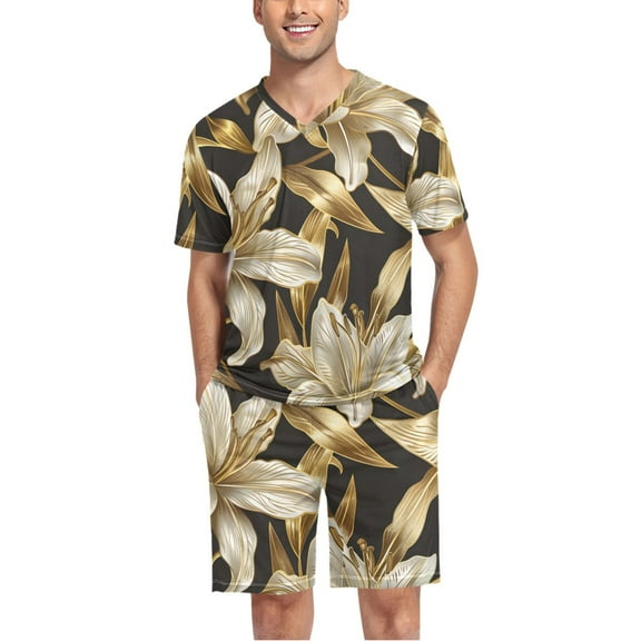 joogoo Men's Pajama Set Golden Flower V-Neck Pj Shorts Set 2 Piece Loungewear Sleepwear XXL