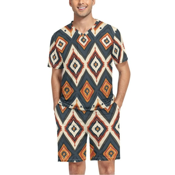 joogoo Men's Pajama Set Graffiti Checkered Pattern V-Neck Pj Shorts Set 2 Piece Loungewear Sleepwear M