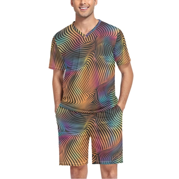 joogoo Men's Pajama Set Graffiti Pattern V-Neck Pj Shorts Set 2 Piece Loungewear Sleepwear M