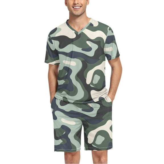 joogoo Men's Pajama Set Green Graffiti V-Neck Pj Shorts Set 2 Piece Loungewear Sleepwear M