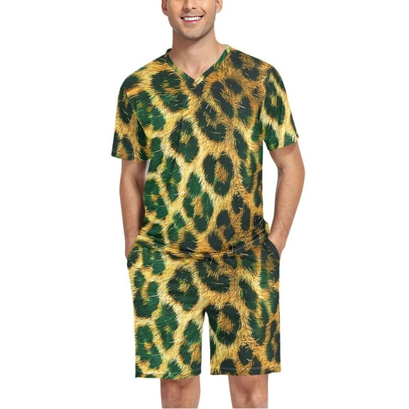 joogoo Men's Pajama Set Green Leopard Print V-Neck Pj Shorts Set 2 Piece Loungewear Sleepwear L