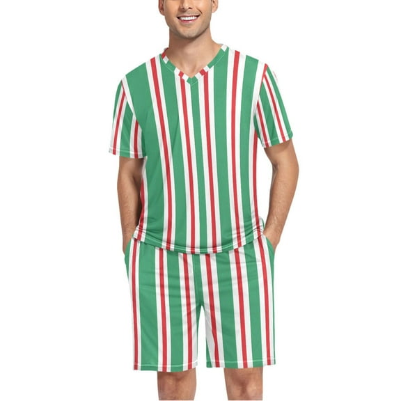 joogoo Men's Pajama Set Green Red Stripe V-Neck Pj Shorts Set 2 Piece Loungewear Sleepwear L