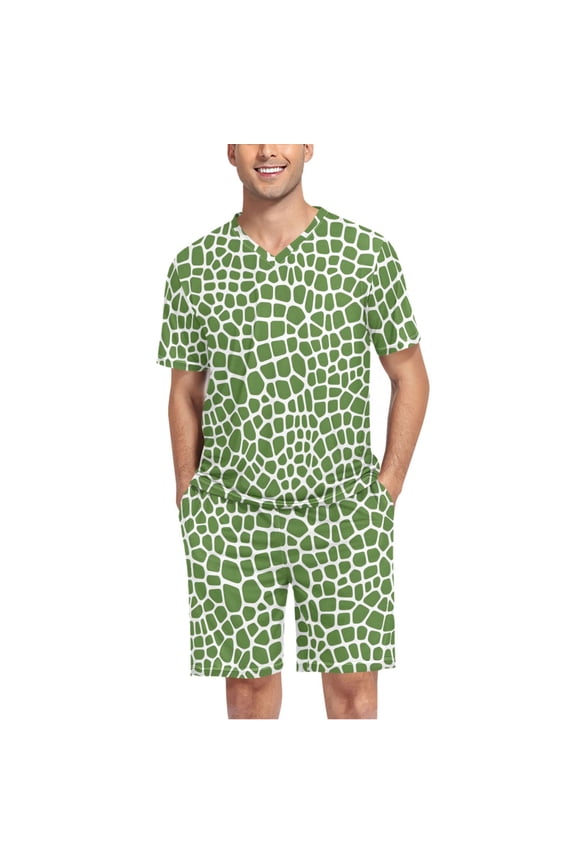 Men's Pajama Set Green Snake Skin V-Neck Pj Shorts Set 2 Piece Loungewear Sleepwear L