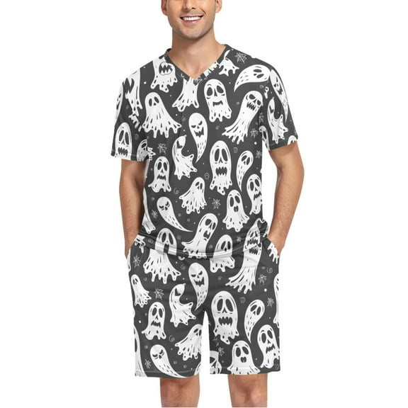 joogoo Men's Pajama Set Halloween Devils V-Neck Pj Shorts Set 2 Piece Loungewear Sleepwear L