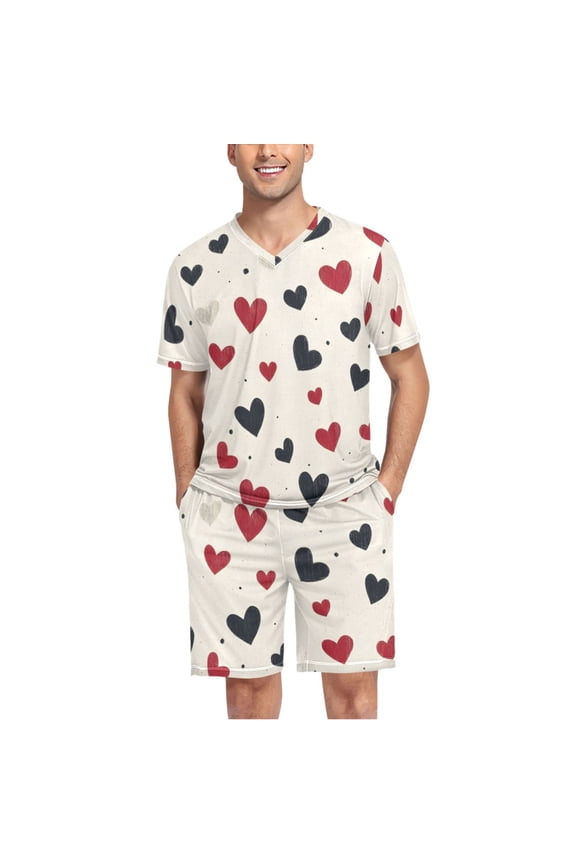 Men's Pajama Set Hearts Valentine's Day V-Neck Pj Shorts Set 2 Piece Loungewear Sleepwear S