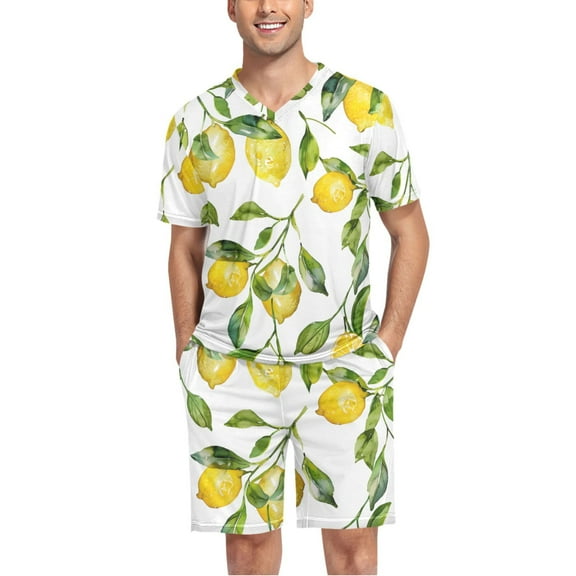 joogoo Men's Pajama Set Lemon and Leaves V-Neck Pj Shorts Set 2 Piece Loungewear Sleepwear L