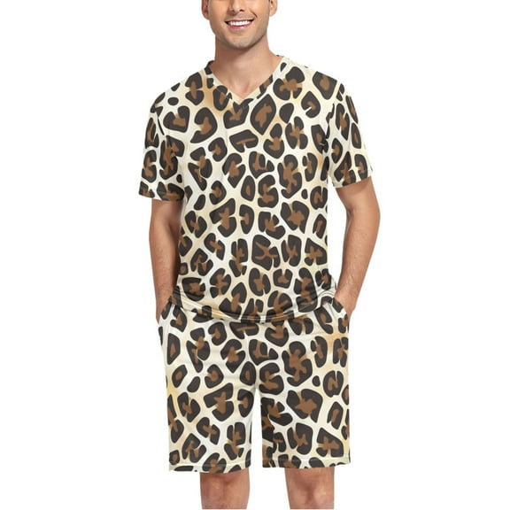 joogoo Men's Pajama Set Leopard Animal Skin V-Neck Pj Shorts Set 2 Piece Loungewear Sleepwear L