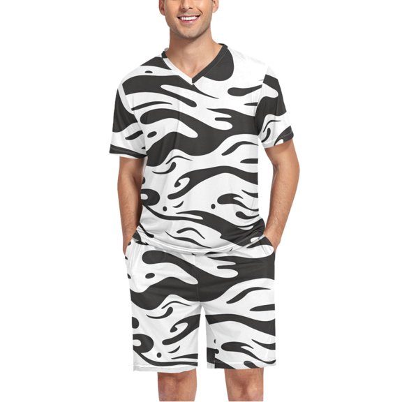 joogoo Men's Pajama Set Liquid Wave Pattern V-Neck Pj Shorts Set 2 Piece Loungewear Sleepwear M