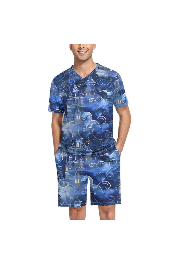Men's Pajama Set Magic Castle V-Neck Pj Shorts Set 2 Piece Loungewear Sleepwear XXL