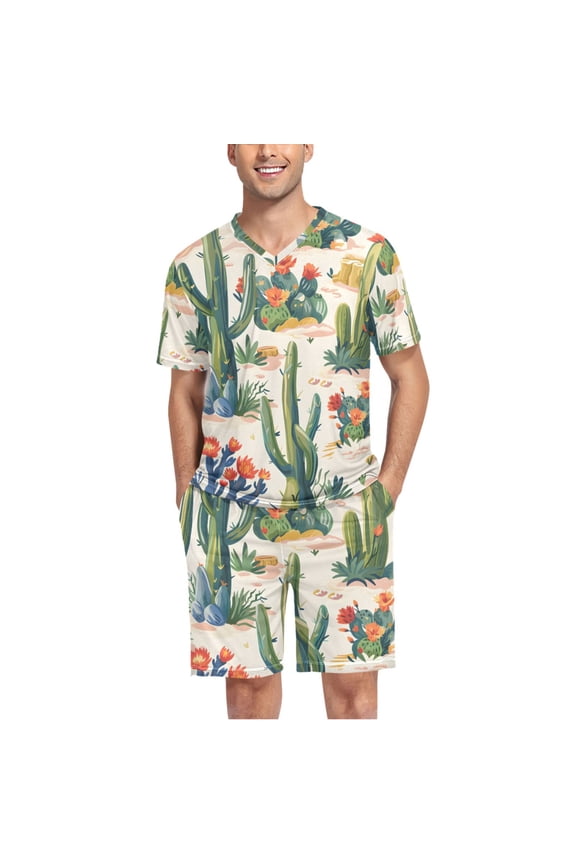 Men's Pajama Set Many Cactus Flowers V-Neck Pj Shorts Set 2 Piece Loungewear Sleepwear L