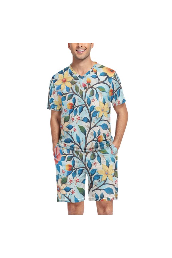 Men's Pajama Set Moroccan Flowers V-Neck Pj Shorts Set 2 Piece Loungewear Sleepwear S