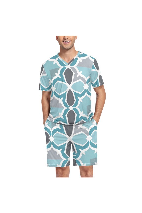 Men's Pajama Set Moroccan Geometry V-Neck Pj Shorts Set 2 Piece Loungewear Sleepwear XL