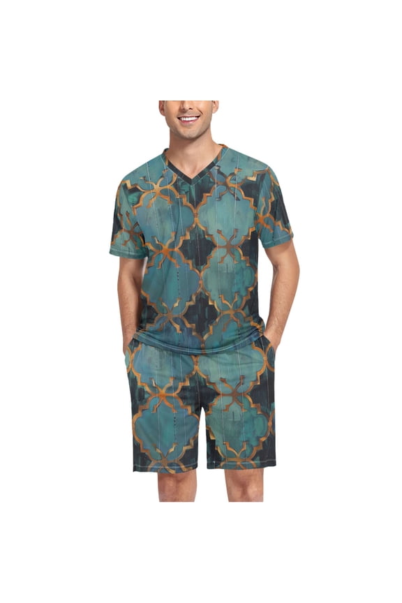 Men's Pajama Set Moroccan Print V-Neck Pj Shorts Set 2 Piece Loungewear Sleepwear M
