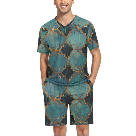 joogoo Men's Pajama Set Moroccan Print V-Neck Pj Shorts Set 2 Piece Loungewear Sleepwear XXL