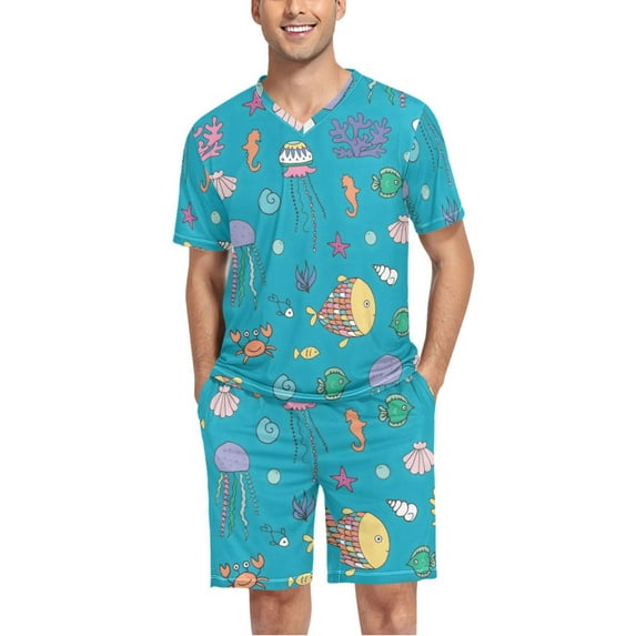 joogoo Men's Pajama Set Ocean Fish Jellyfish Seashell V-Neck Pj Shorts Set 2 Piece Loungewear Sleepwear L