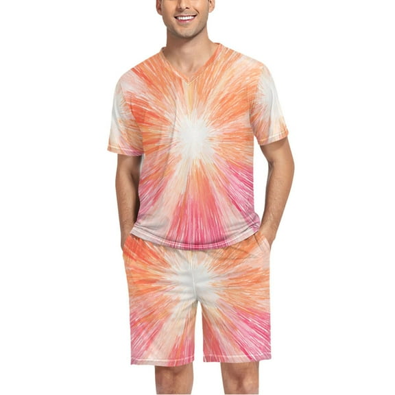joogoo Men's Pajama Set Orange Fireworks V-Neck Pj Shorts Set 2 Piece Loungewear Sleepwear S