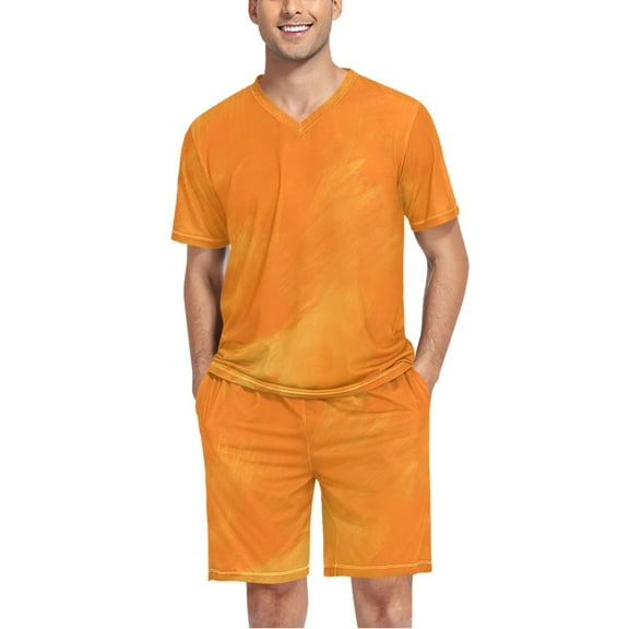 joogoo Men's Pajama Set Orange Oil Pattern V-Neck Pj Shorts Set 2 Piece Loungewear Sleepwear L