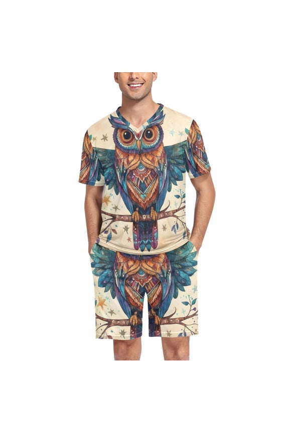 Men's Pajama Set Owl on Tree Pattern V-Neck Pj Shorts Set 2 Piece Loungewear Sleepwear XXL