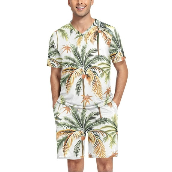 joogoo Men's Pajama Set Palm Tree Tropical V-Neck Pj Shorts Set 2 Piece Loungewear Sleepwear S