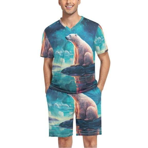 joogoo Men's Pajama Set Polar Bear with Starry Sky V-Neck Pj Shorts Set 2 Piece Loungewear Sleepwear L