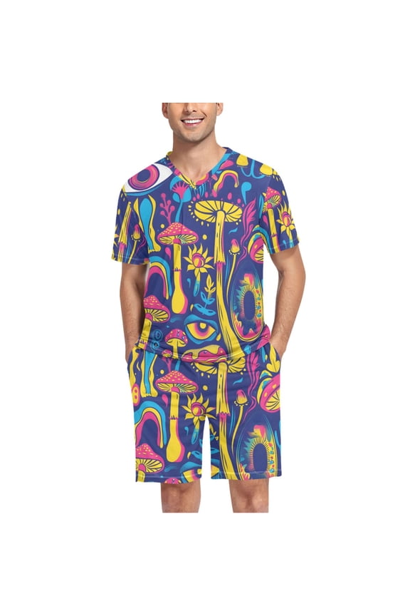 Men's Pajama Set Psychedelic Mushroom and Eye V-Neck Pj Shorts Set 2 Piece Loungewear Sleepwear XXL