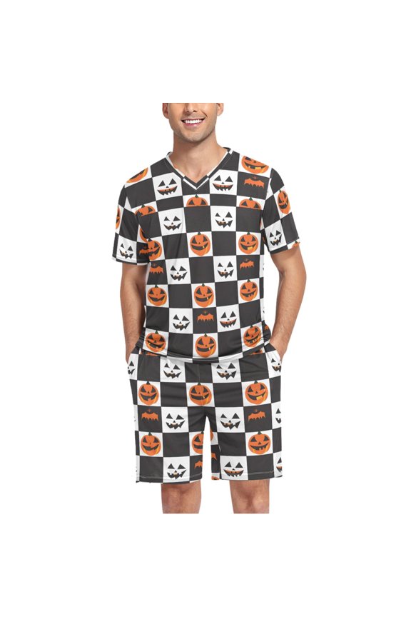 Men's Pajama Set Pumpkins on Checkered V-Neck Pj Shorts Set 2 Piece Loungewear Sleepwear S