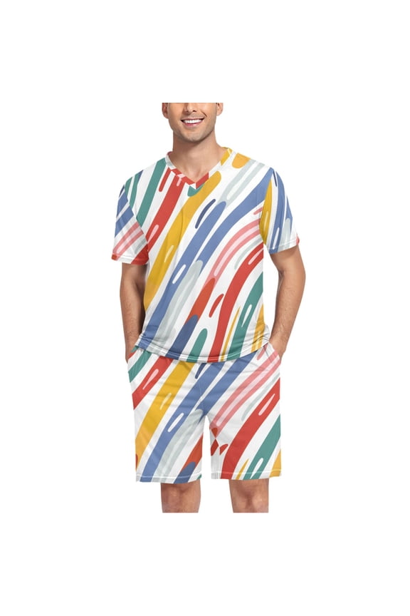 Men's Pajama Set Rainbow Geometric Stripes Lines V-Neck Pj Shorts Set 2 Piece Loungewear Sleepwear XXL