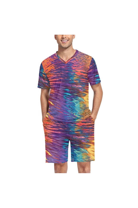 Men's Pajama Set Rainbow Tie Dye V-Neck Pj Shorts Set 2 Piece Loungewear Sleepwear S