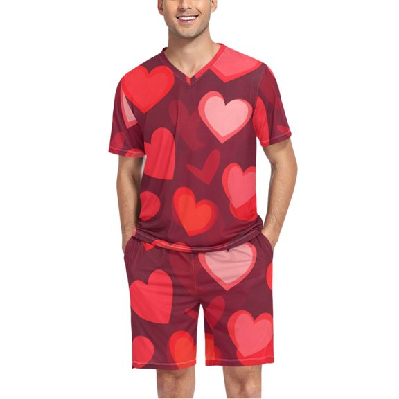 joogoo Men's Pajama Set Red Heart Pattern V-Neck Pj Shorts Set 2 Piece Loungewear Sleepwear XXL